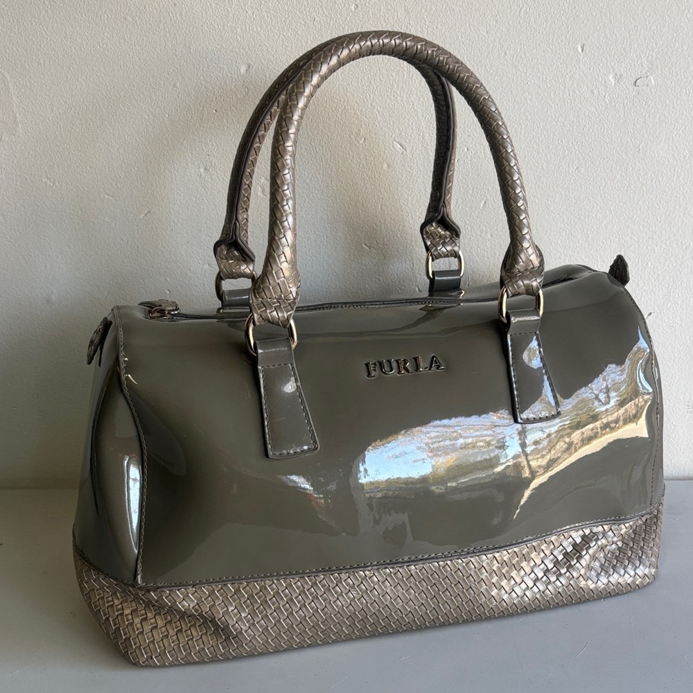 Furla Candy Metallic Gray Patent Satchel